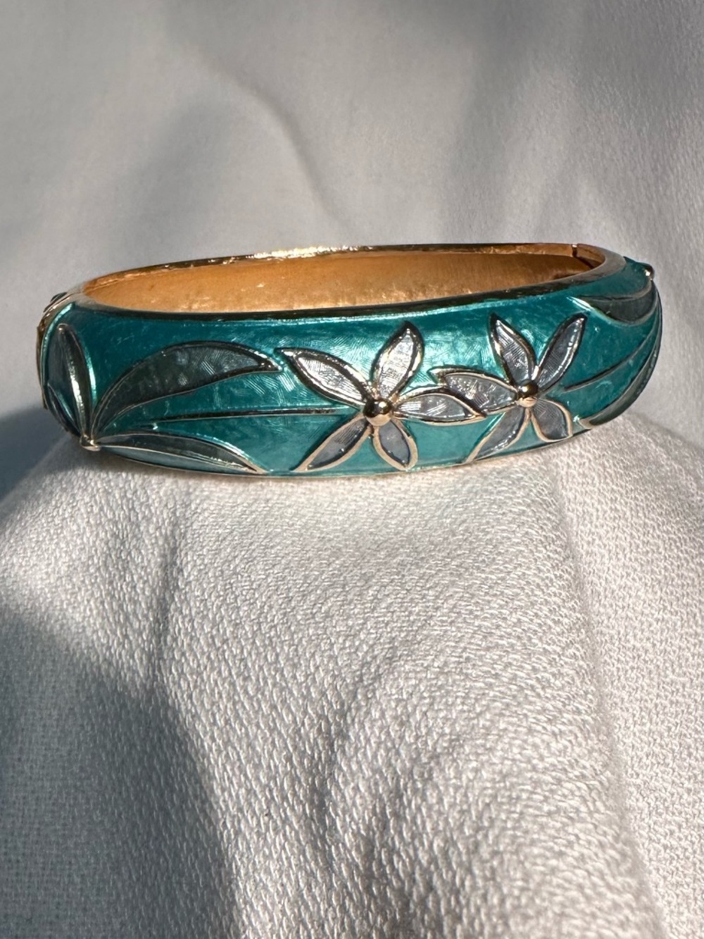 Teal Floral Cloisonné Hinged Bangle Bracelet - 8 1/2”